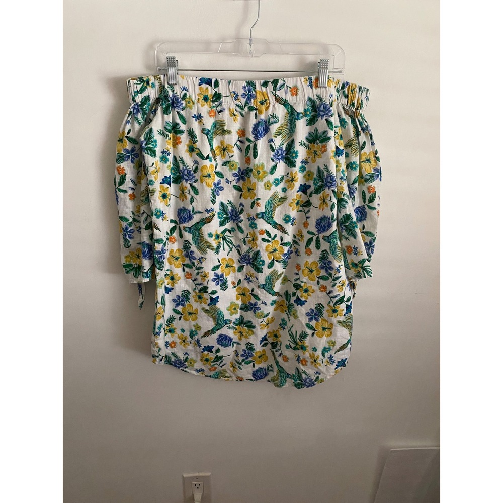 Tropical Parrot Floral Off the Shoulder Cotton Top White Petite Small